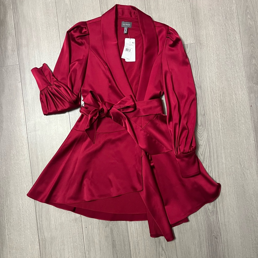 Le Chateau Luxury Satin Wrap Dress in Wine Red/burgundy fits US SM/4-6. NWT.
